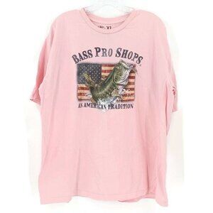 Bass Pro Shops Shirt Mens Sz XL T-Shirt Pink Crew Logo American Flag Fish Cotton